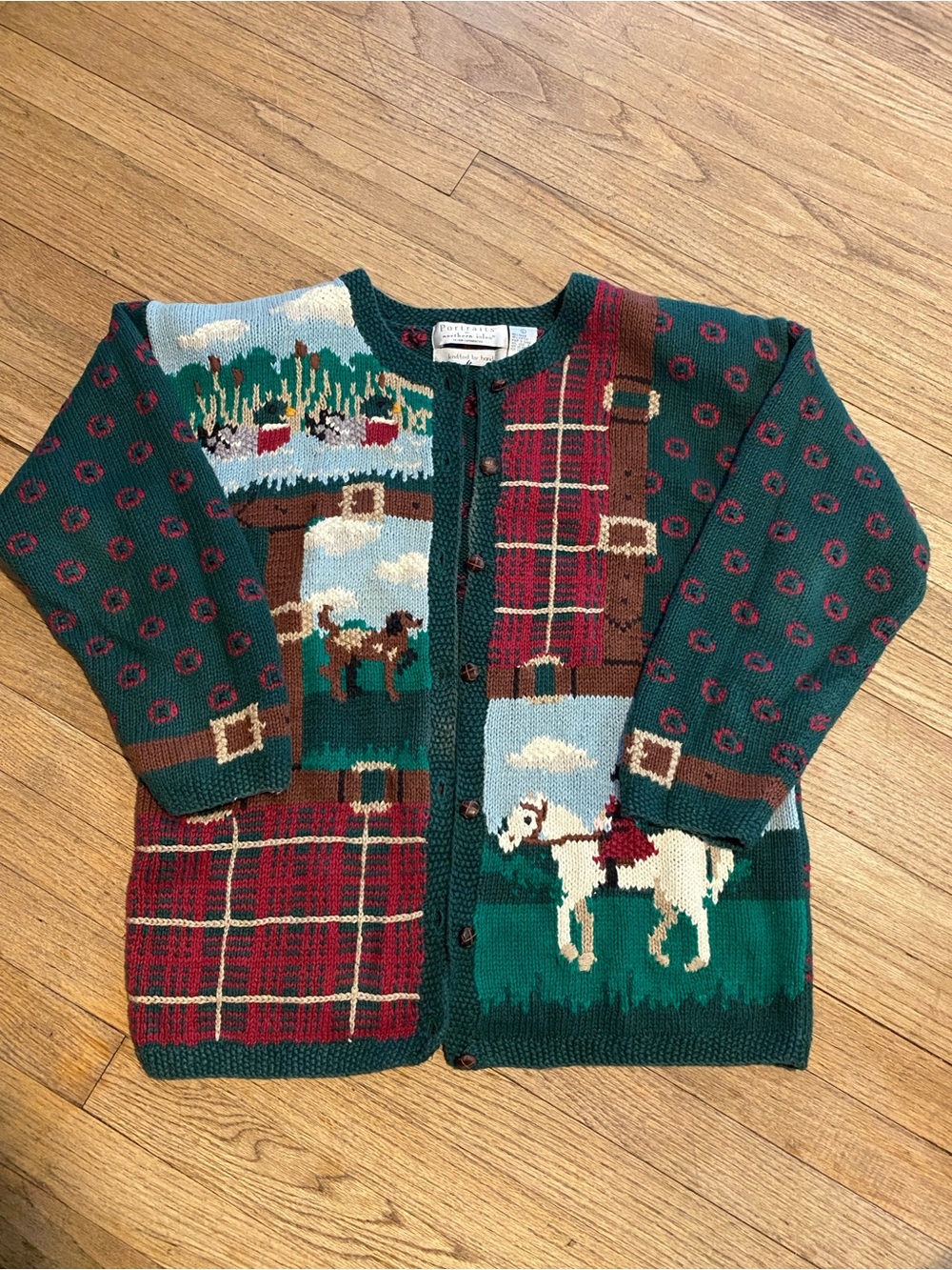Vintage-Inspired Equestrian Knit Cardigan - Forest Green & Multi